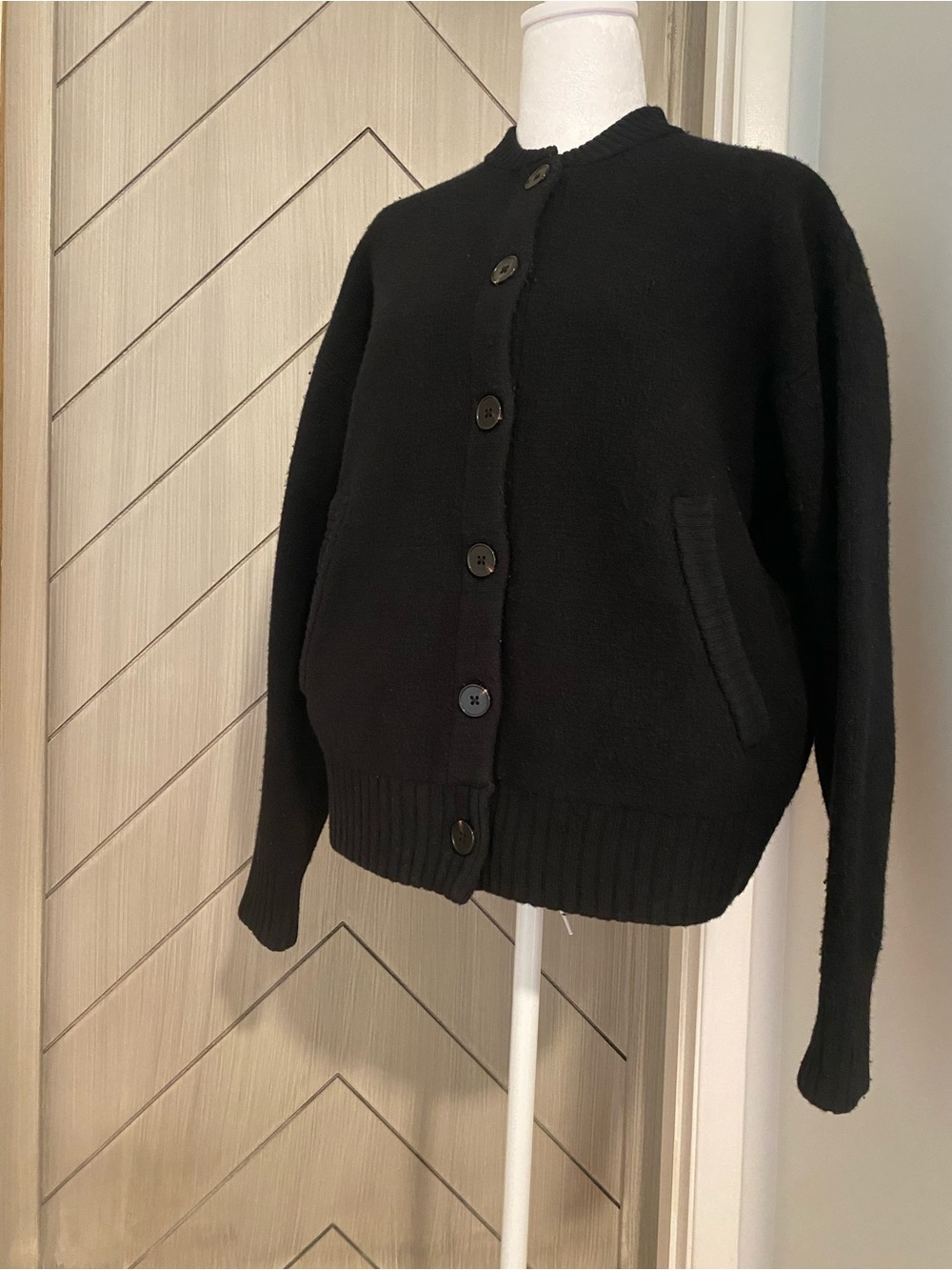 Frank & Oak Black Button-Up Crewneck Cardigan
